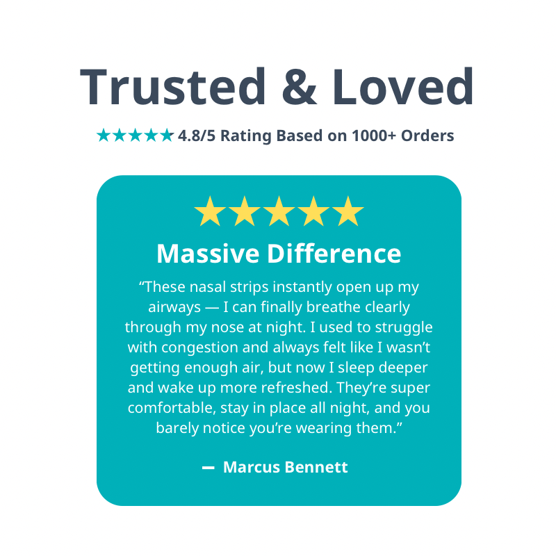 5-star review praising Elite Sleep Nasal Strips for improving breathing, sleep quality, and comfort