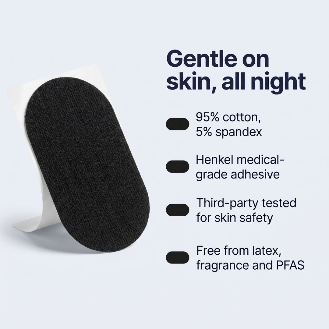 Black mouth tape strip beside its materials: 95% cotton and 5% spandex, Henkel medical-grade adhesive, third-party tested for skin safety, free from latex, fragrance and PFAS.