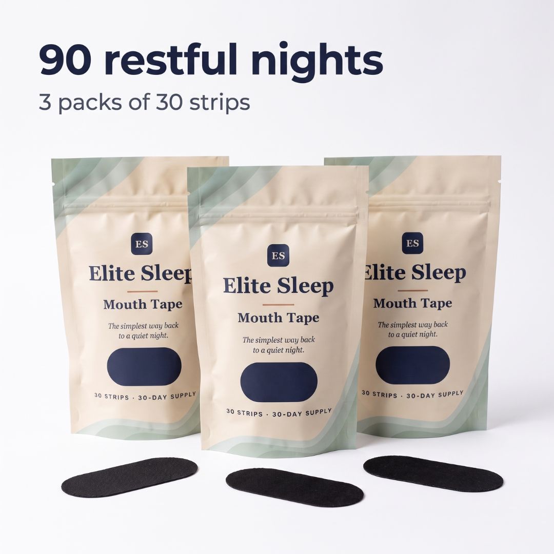 Three Elite Sleep Mouth Tape pouches with three black tape strips in front: 90 nights, 3 packs of 30 strips.