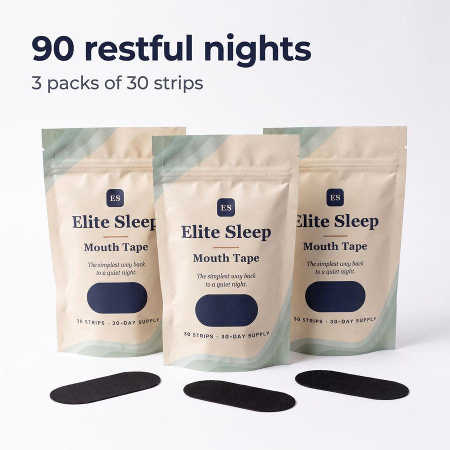 Three Elite Sleep Mouth Tape pouches with three black tape strips in front.