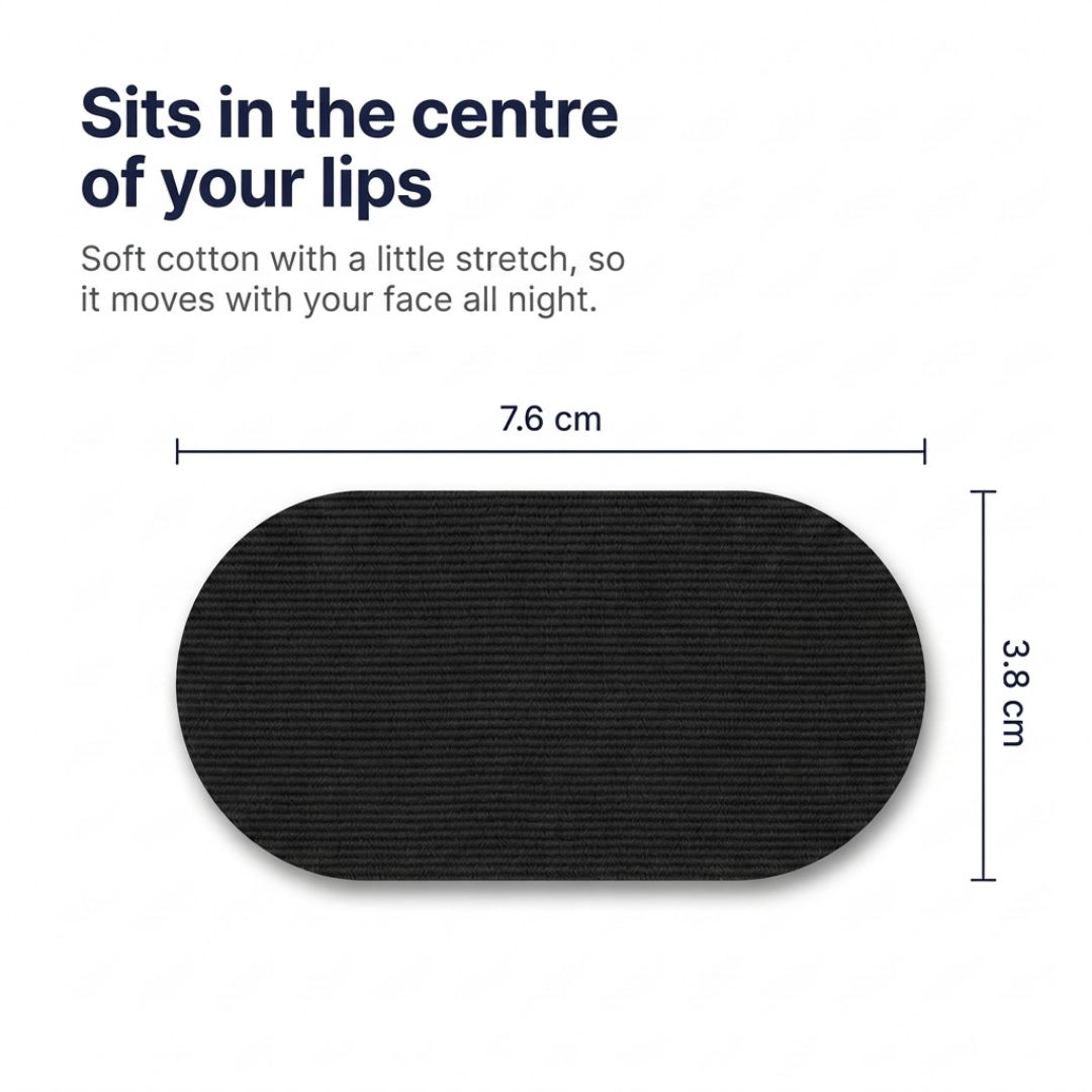 Diagram of the black oval mouth tape strip, 7.6 cm wide and 3.8 cm tall, sitting across the centre of the lips.