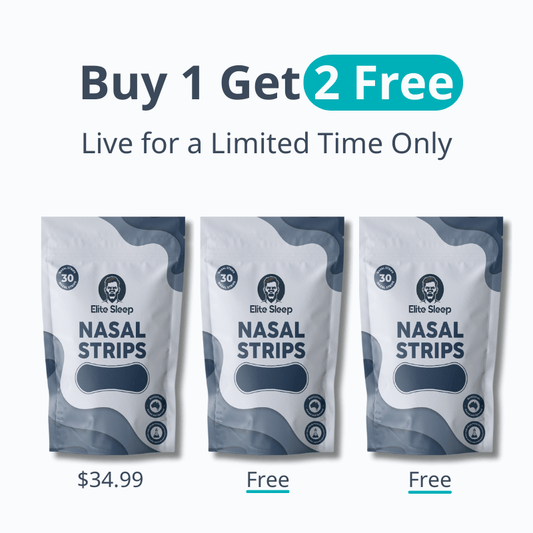 Buy 1 Get 2 Free Elite Sleep Nasal Strips promotion showing three packs for $34.99 with two free.